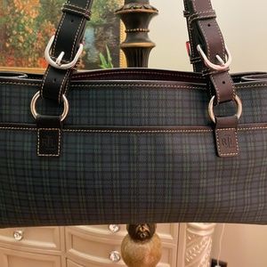 LAUREN RALPH LAUREN BLACK/GREEN PLAID COATED CANVAS TOTE BAG